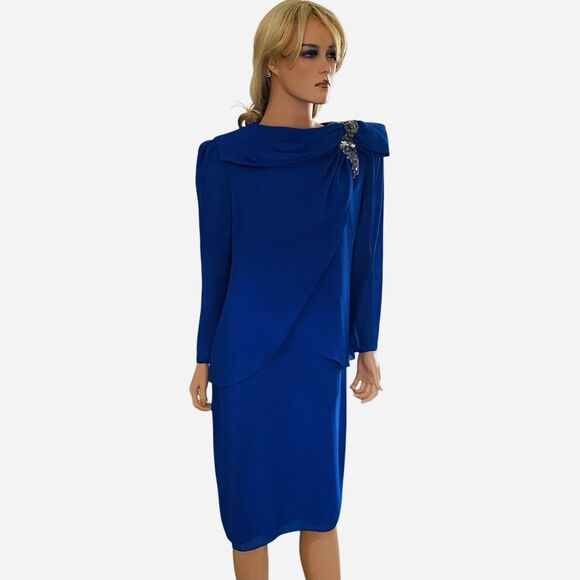 Vtg Dress 80s Long Sleeve Evening XLP Mother The Bride Modest Blue Sequins Midi - Picture 3 of 16